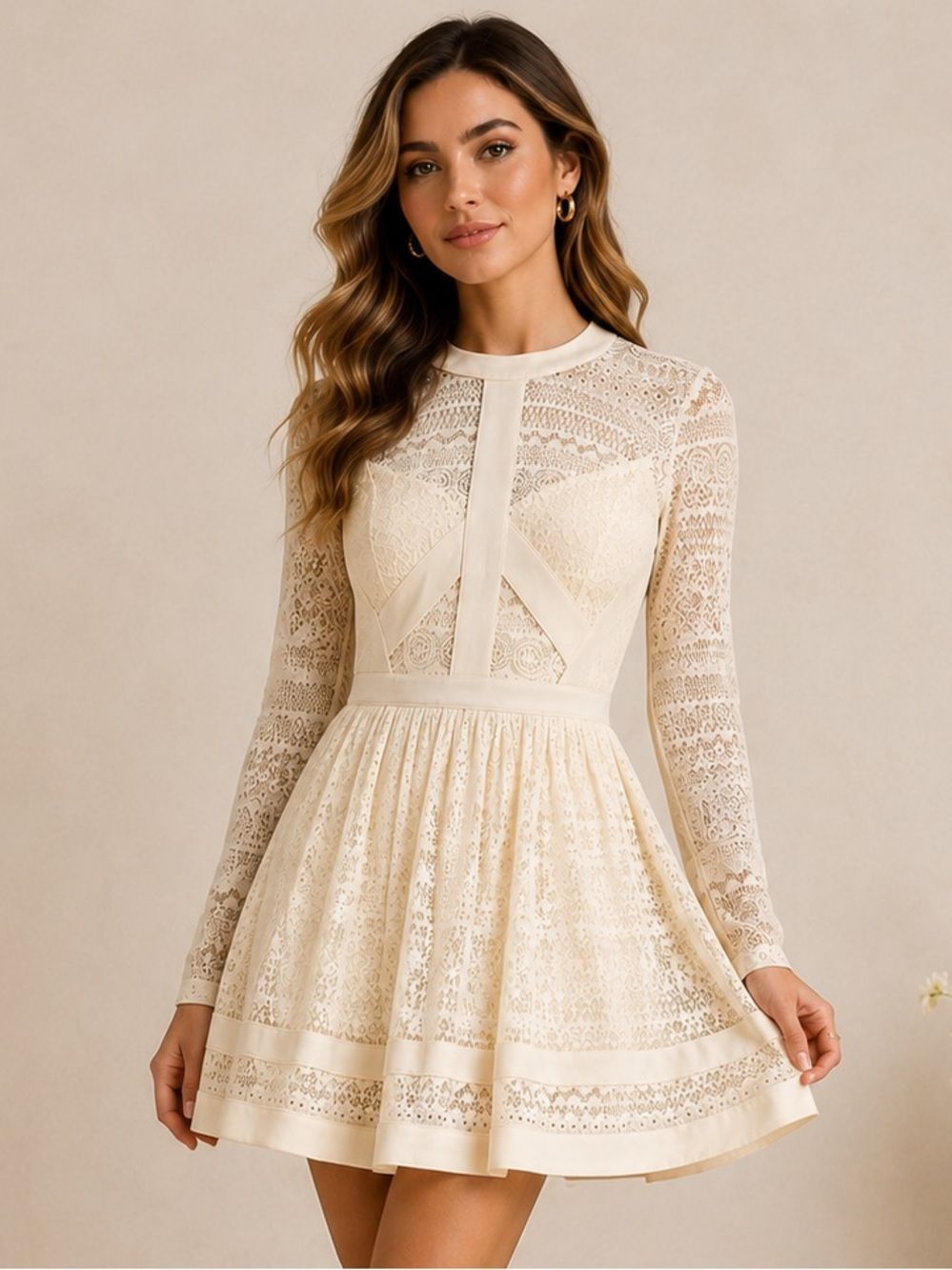 Bebe Women’s Lace Fit & Flare Dress Ivory Long Sleeve Romantic Cottagecore XS